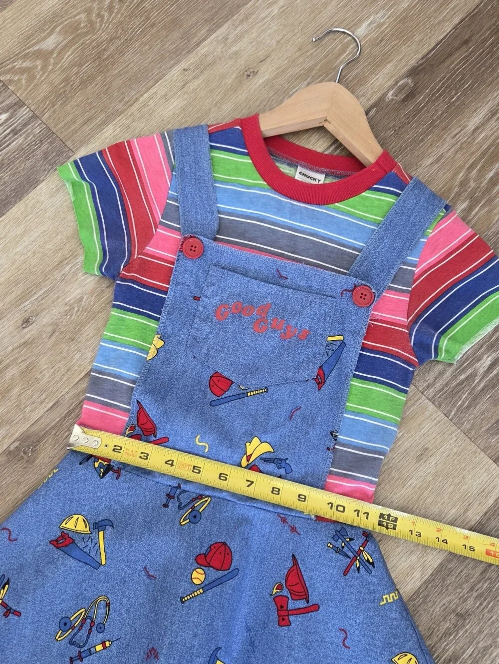 Chucky Good Guys Girls Costume Sz Lg Velcro Suspenders Stripes Cosplay Overalls